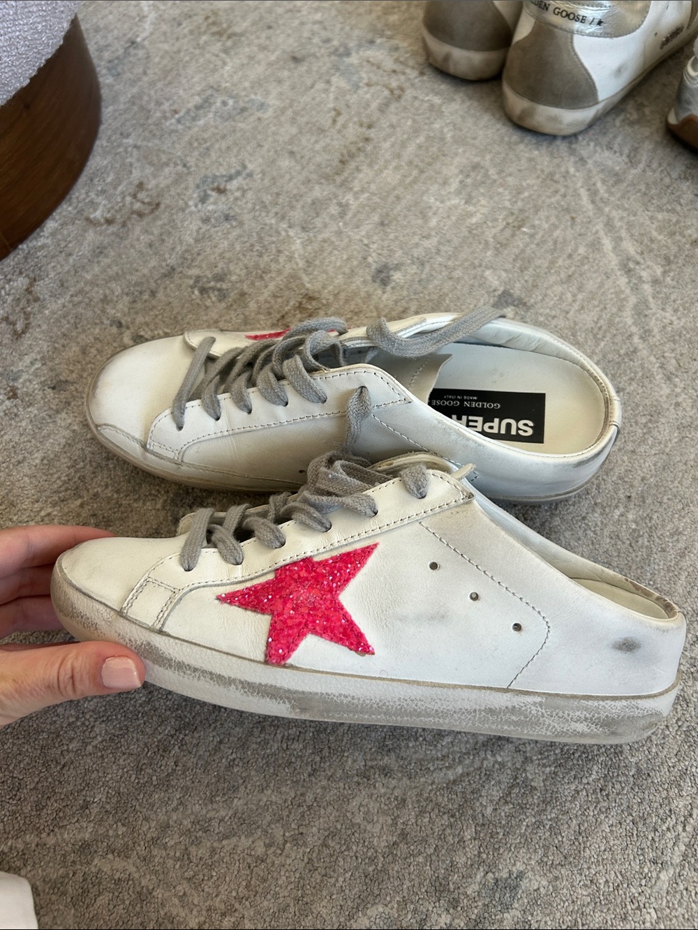 Golden Goose White Leather Sneakers with Pink Glitter Star slip on mules